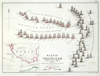 La batalla de Trafalgar, 21 de octubre de 1805, los británicos rompiendo la línea francesa y española, c.1830s